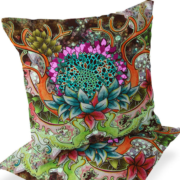 Homeroots Set Of Two 16" X 16" Green And Pink Blown Seam Floral Indoor Outdoor Throw Pillow  Polyester 535558