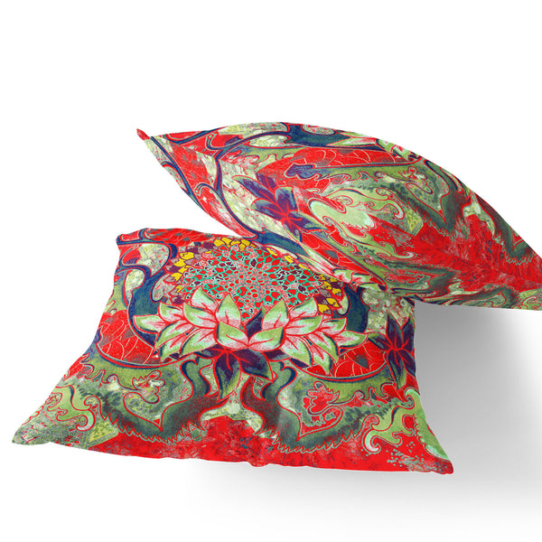 Homeroots Set Of Two 16" X 16" Green And Red Blown Seam Floral Indoor Outdoor Throw Pillow  Polyester 535559