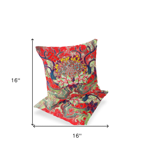 Homeroots Set Of Two 16" X 16" Green And Red Blown Seam Floral Indoor Outdoor Throw Pillow  Polyester 535559