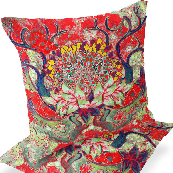 Homeroots Set Of Two 16" X 16" Green And Red Blown Seam Floral Indoor Outdoor Throw Pillow  Polyester 535559