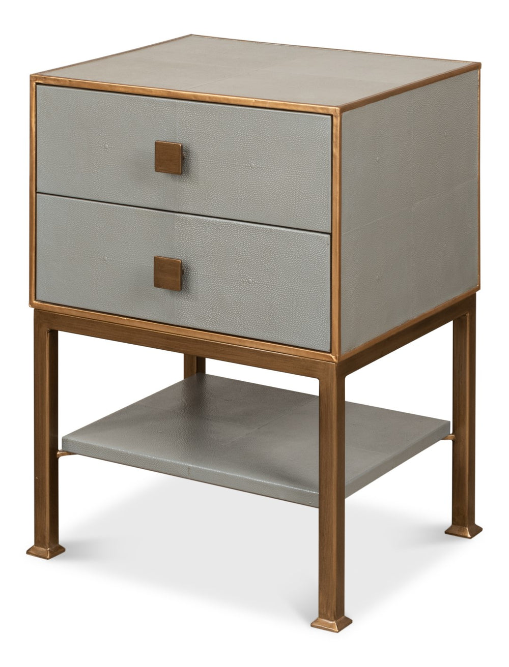 Sarreid Gillian Two Drawer Nightstand In Storm Grey With Gold Leather Trim And Elegant Brass Knobs Grey  53556-2