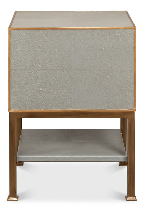 Sarreid Gillian Two Drawer Nightstand In Storm Grey With Gold Leather Trim And Elegant Brass Knobs Grey  53556-2