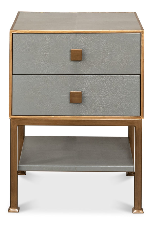 Sarreid Gillian Two Drawer Nightstand In Storm Grey With Gold Leather Trim And Elegant Brass Knobs Grey  53556-2