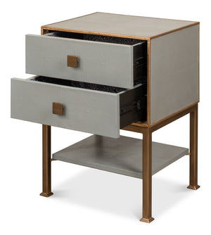 Sarreid Gillian Two Drawer Nightstand In Storm Grey With Gold Leather Trim And Elegant Brass Knobs Grey  53556-2