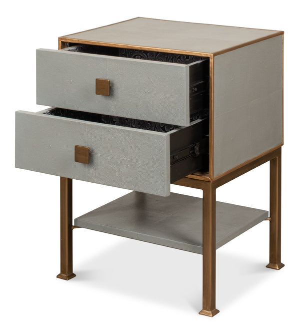 Sarreid Gillian Two Drawer Nightstand In Storm Grey With Gold Leather Trim And Elegant Brass Knobs Grey  53556-2