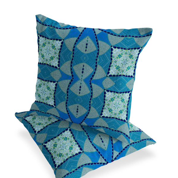 Homeroots Set Of Two 16" X 16" Blue And Green Blown Seam Eclectic Indoor Outdoor Throw Pillow  Polyester 535561