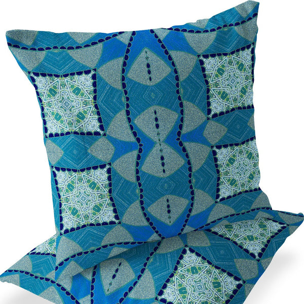 Homeroots Set Of Two 16" X 16" Blue And Green Blown Seam Eclectic Indoor Outdoor Throw Pillow  Polyester 535561