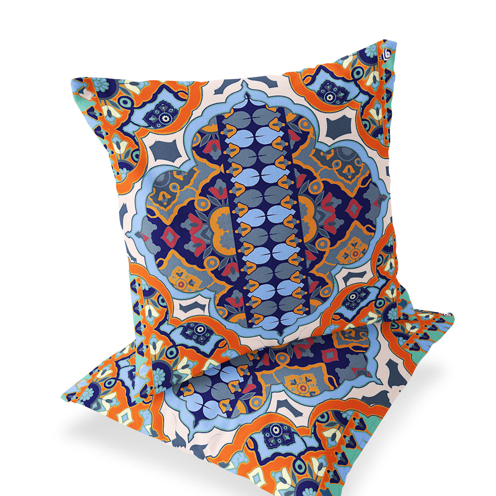 Homeroots Set Of Two 16" X 16" Blue And Orange Blown Seam Floral Indoor Outdoor Throw Pillow  Polyester 535563