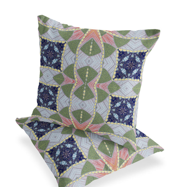 Homeroots Set Of Two 16" X 16" Green And Pink Blown Seam Eclectic Indoor Outdoor Throw Pillow  Polyester 535566