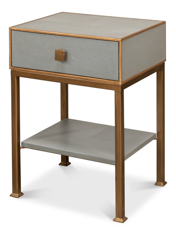 Sarreid Gillian One Drawer Nightstand In Storm Grey With Gold Leather Trim And Elegant Brass Knobs Grey  53557-2
