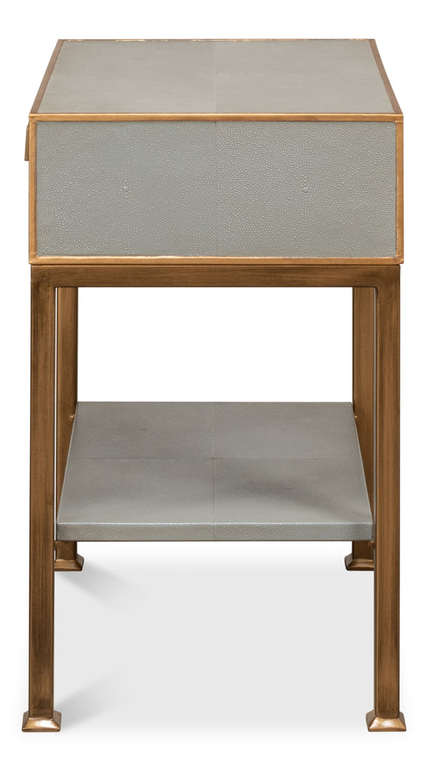 Sarreid Gillian One Drawer Nightstand In Storm Grey With Gold Leather Trim And Elegant Brass Knobs Grey  53557-2