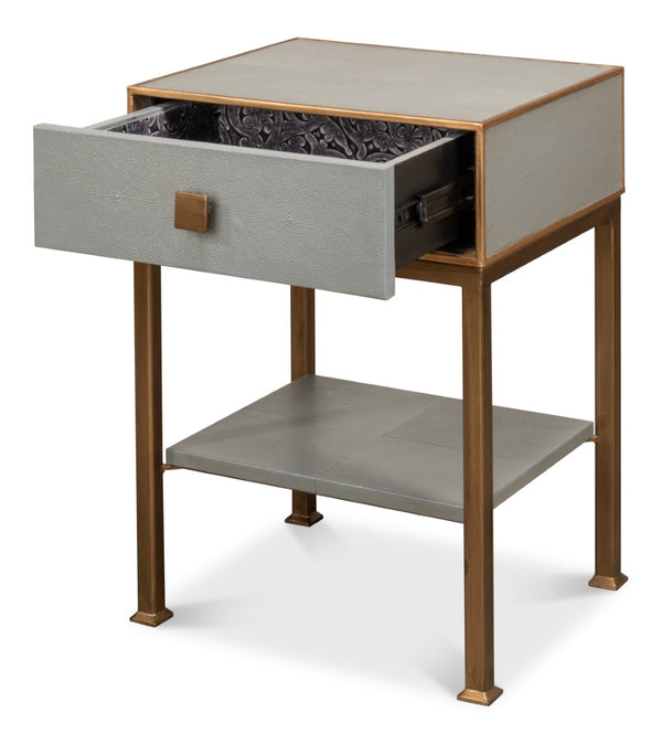 Sarreid Gillian One Drawer Nightstand In Storm Grey With Gold Leather Trim And Elegant Brass Knobs Grey  53557-2