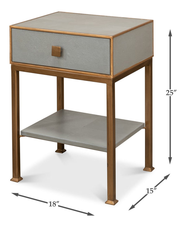 Sarreid Gillian One Drawer Nightstand In Storm Grey With Gold Leather Trim And Elegant Brass Knobs Grey  53557-2