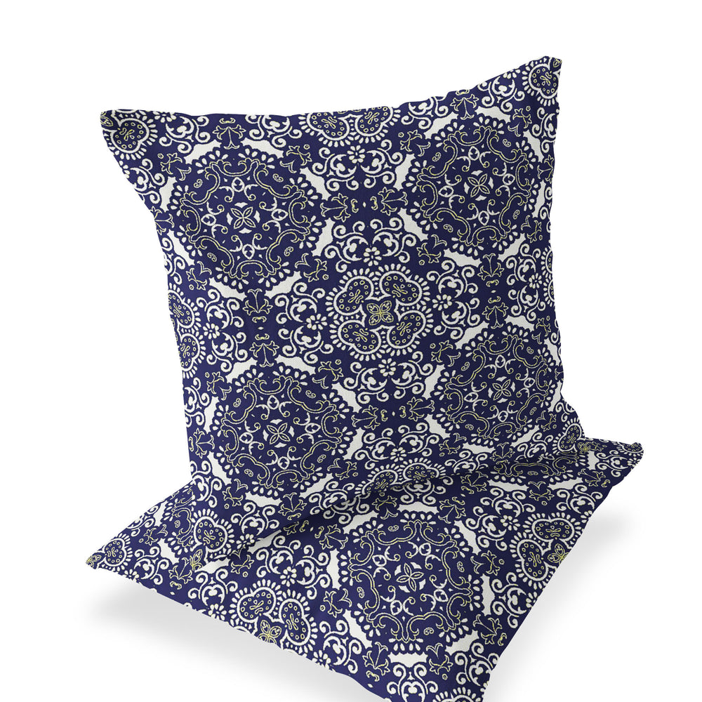 Homeroots Set Of Two 16" X 16" Blue And White Blown Seam Damask Indoor Outdoor Throw Pillow  Polyester 535574