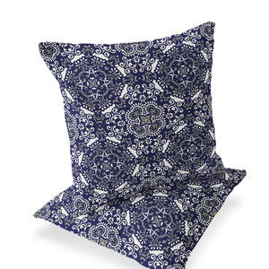 Homeroots Set Of Two 16" X 16" Blue And White Blown Seam Damask Indoor Outdoor Throw Pillow  Polyester 535574