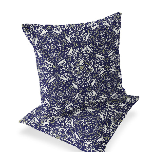 Homeroots Set Of Two 16" X 16" Blue And White Blown Seam Damask Indoor Outdoor Throw Pillow  Polyester 535574