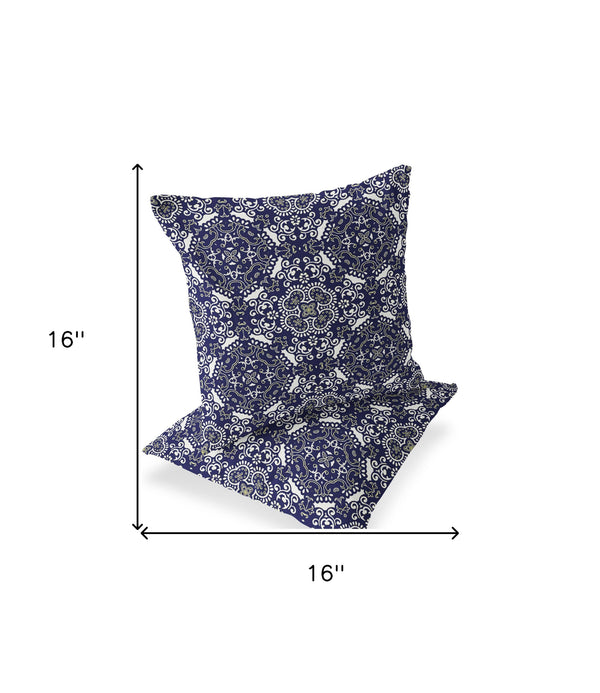 Homeroots Set Of Two 16" X 16" Blue And White Blown Seam Damask Indoor Outdoor Throw Pillow  Polyester 535574