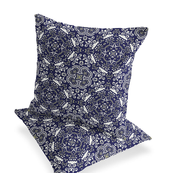 Homeroots Set Of Two 16" X 16" Blue And White Blown Seam Damask Indoor Outdoor Throw Pillow  Polyester 535574