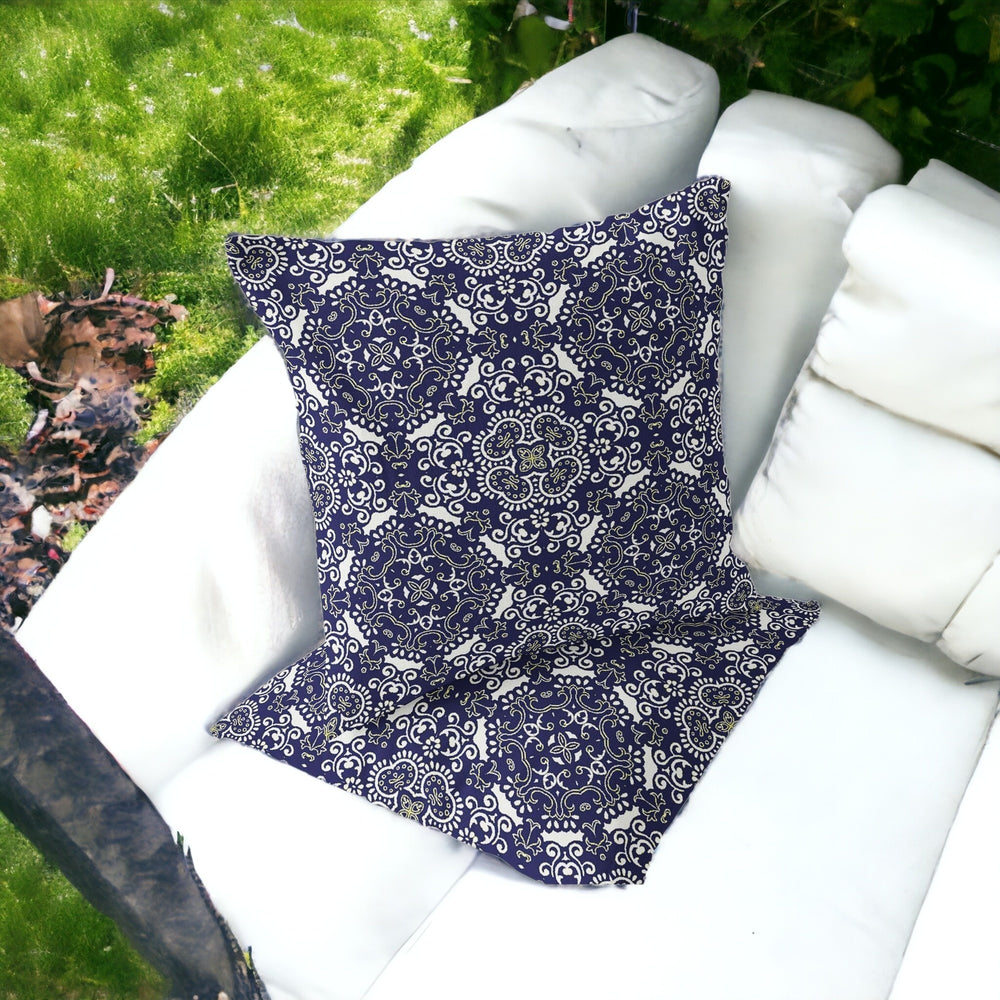 Homeroots Set Of Two 16" X 16" Blue And White Blown Seam Damask Indoor Outdoor Throw Pillow  Polyester 535574