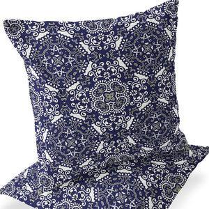 Homeroots Set Of Two 16" X 16" Blue And White Blown Seam Damask Indoor Outdoor Throw Pillow  Polyester 535574