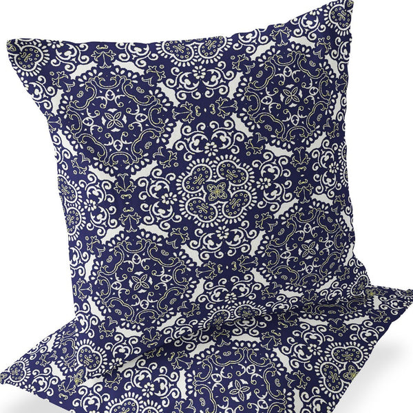 Homeroots Set Of Two 16" X 16" Blue And White Blown Seam Damask Indoor Outdoor Throw Pillow  Polyester 535574