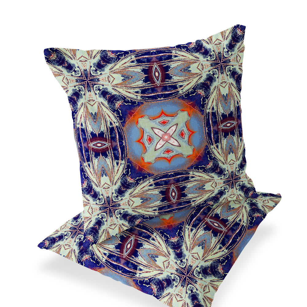 Homeroots Set Of Two 16" X 16" Blue And Orange Blown Seam Floral Indoor Outdoor Throw Pillow  Polyester 535580