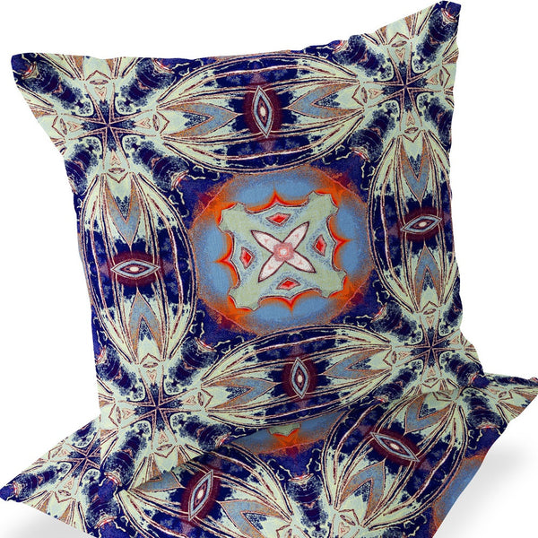 Homeroots Set Of Two 16" X 16" Blue And Orange Blown Seam Floral Indoor Outdoor Throw Pillow  Polyester 535580