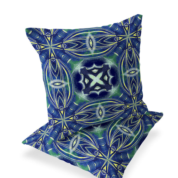 Homeroots Set Of Two 16" X 16" Blue And Green Blown Seam Floral Indoor Outdoor Throw Pillow  Polyester 535582