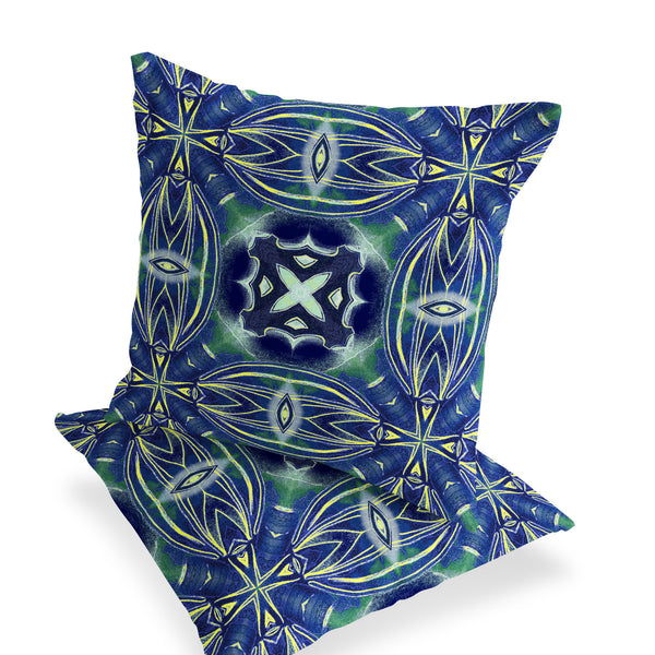 Homeroots Set Of Two 16" X 16" Blue And Green Blown Seam Floral Indoor Outdoor Throw Pillow  Polyester 535582