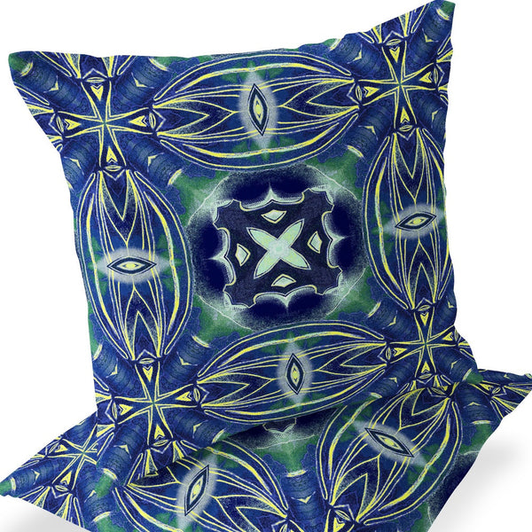 Homeroots Set Of Two 16" X 16" Blue And Green Blown Seam Floral Indoor Outdoor Throw Pillow  Polyester 535582