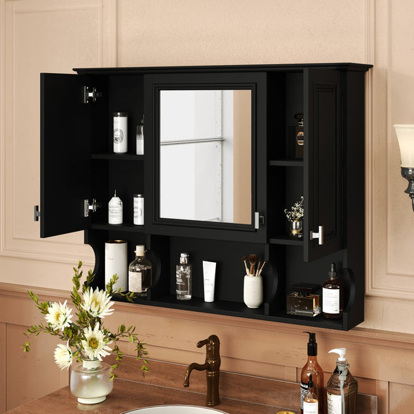 English Elm 35'' Modern Wall-Mounted Medicine Cabinet with Mirror, Hidden Storage and Open Shelves for Bath Black N710P209443B