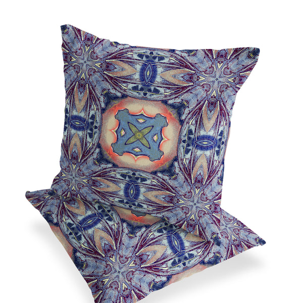 Homeroots Set Of Two 16" X 16" Blue And Pink Blown Seam Floral Indoor Outdoor Throw Pillow  Polyester 535606