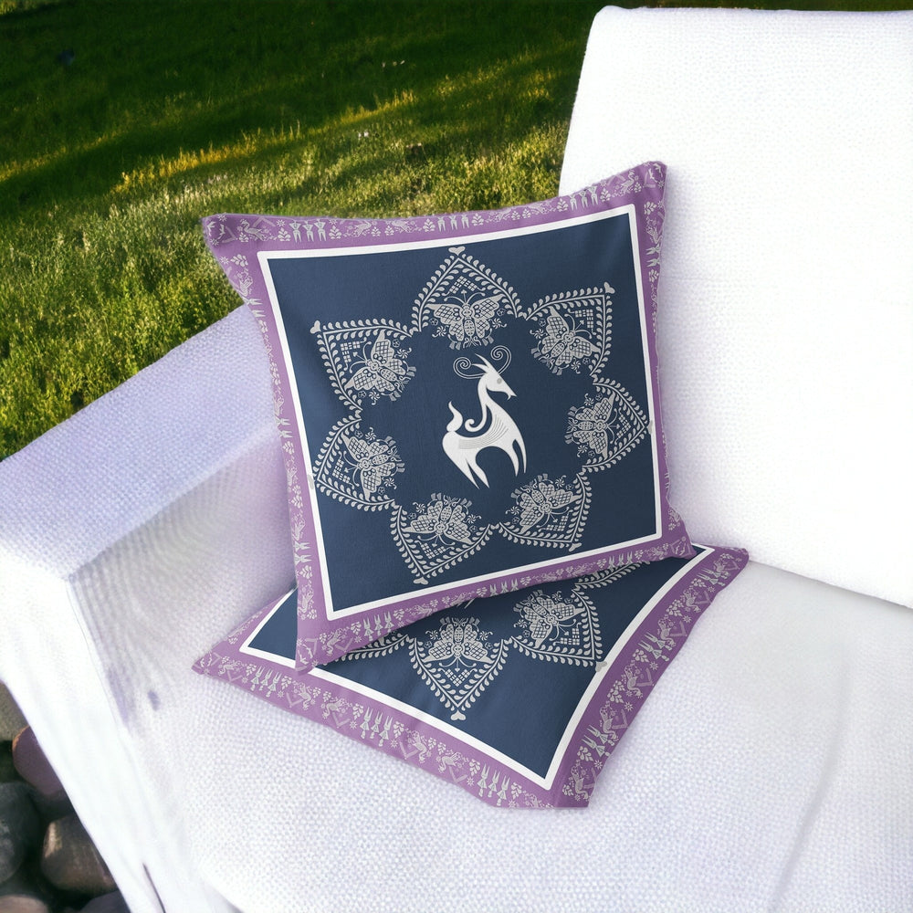 Homeroots Set Of Two 16" X 16" Blue And White Horse Blown Seam Eclectic Indoor Outdoor Throw Pillow  Polyester 535608