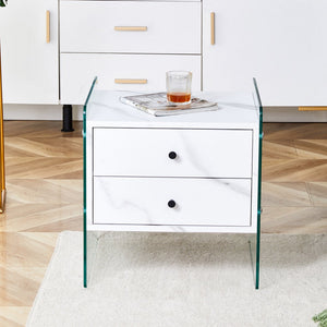 English Elm Double-drawer modern bedside table with MDF surface, tempered glass sides, elegant storage design W1151P191734