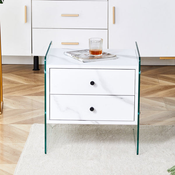 English Elm Double-drawer modern bedside table with MDF surface, tempered glass sides, elegant storage design W1151P191734