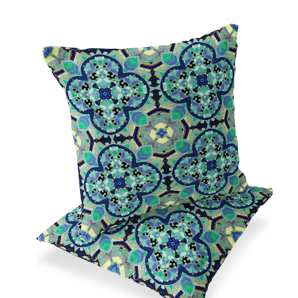 Homeroots Set Of Two 16" X 16" Blue And Green Blown Seam Floral Indoor Outdoor Throw Pillow  Polyester 535609