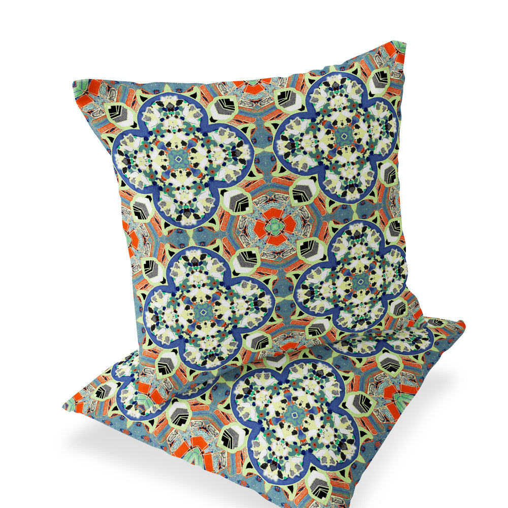 Homeroots Set Of Two 16" X 16" Blue And Orange Blown Seam Floral Indoor Outdoor Throw Pillow  Polyester 535610