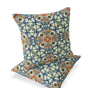 Homeroots Set Of Two 16" X 16" Blue And Orange Blown Seam Floral Indoor Outdoor Throw Pillow  Polyester 535610