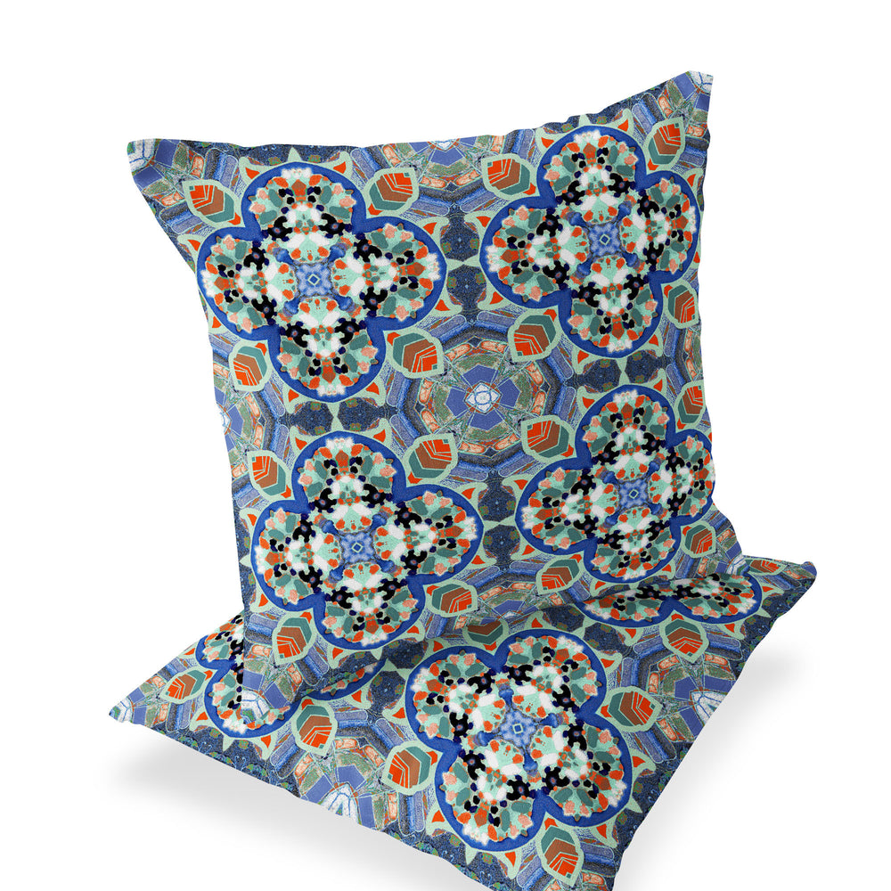 Homeroots Set Of Two 16" X 16" Blue And Orange Blown Seam Floral Indoor Outdoor Throw Pillow  Polyester 535611