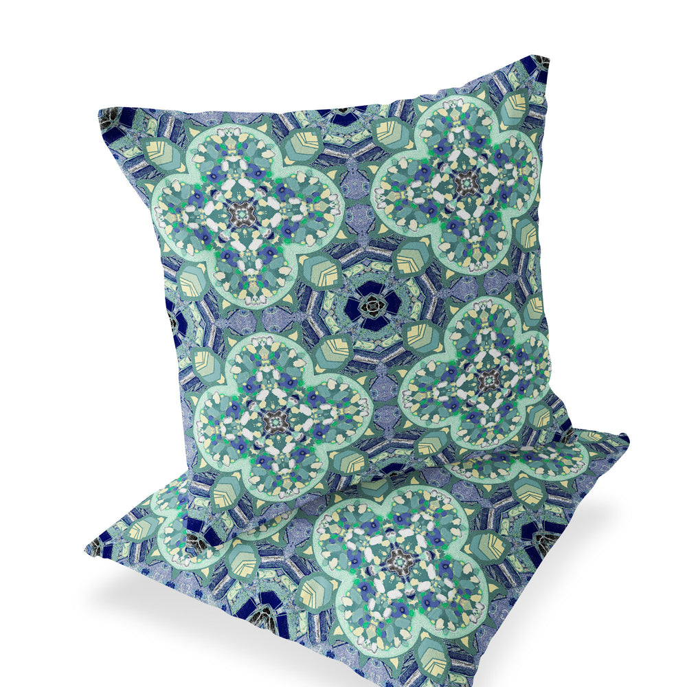Homeroots Set Of Two 16" X 16" Blue And Green Blown Seam Floral Indoor Outdoor Throw Pillow  Polyester 535618