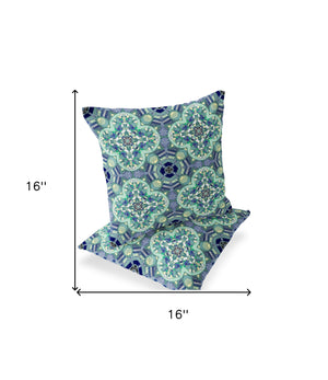 Homeroots Set Of Two 16" X 16" Blue And Green Blown Seam Floral Indoor Outdoor Throw Pillow  Polyester 535618