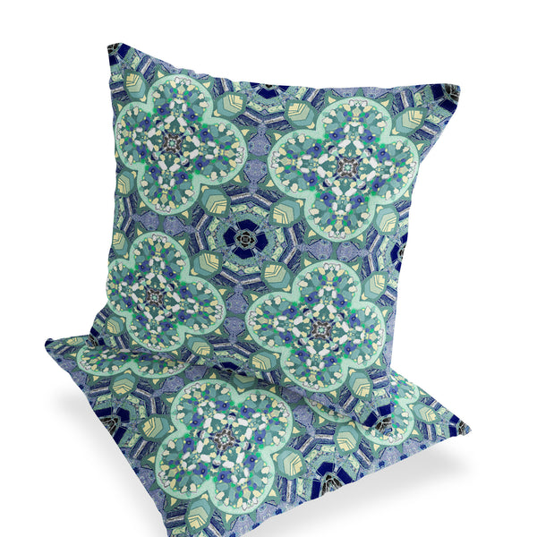 Homeroots Set Of Two 16" X 16" Blue And Green Blown Seam Floral Indoor Outdoor Throw Pillow  Polyester 535618