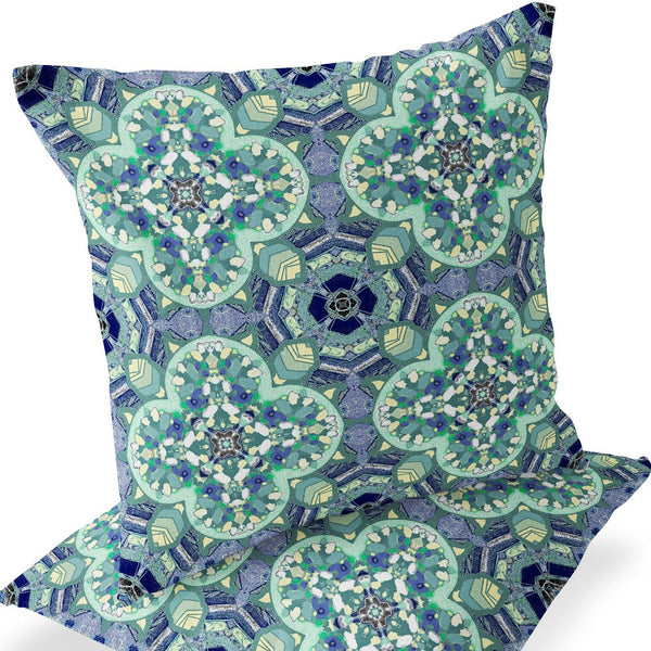 Homeroots Set Of Two 16" X 16" Blue And Green Blown Seam Floral Indoor Outdoor Throw Pillow  Polyester 535618