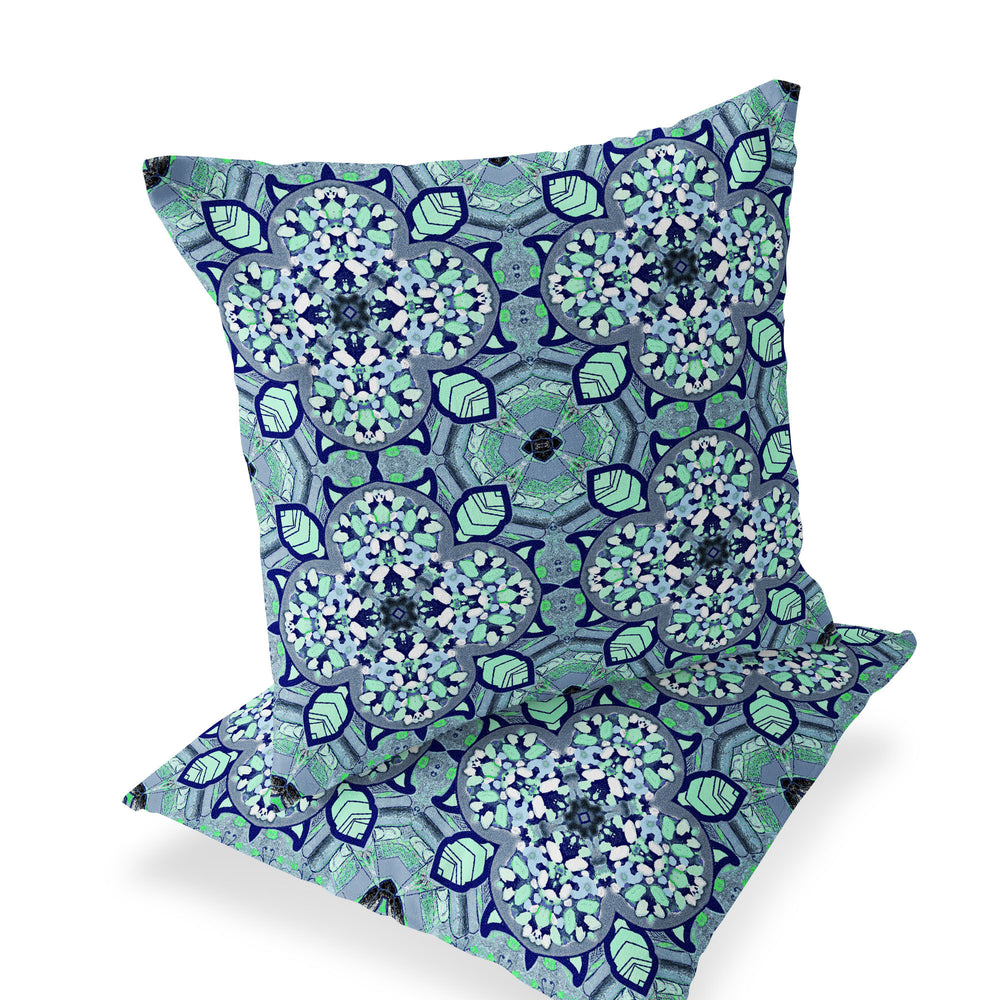 Homeroots Set Of Two 16" X 16" Blue And Green Blown Seam Floral Indoor Outdoor Throw Pillow  Polyester 535621