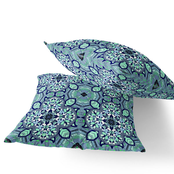 Homeroots Set Of Two 16" X 16" Blue And Green Blown Seam Floral Indoor Outdoor Throw Pillow  Polyester 535621