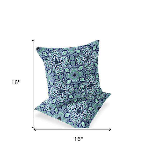 Homeroots Set Of Two 16" X 16" Blue And Green Blown Seam Floral Indoor Outdoor Throw Pillow  Polyester 535621