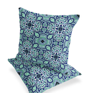 Homeroots Set Of Two 16" X 16" Blue And Green Blown Seam Floral Indoor Outdoor Throw Pillow  Polyester 535621