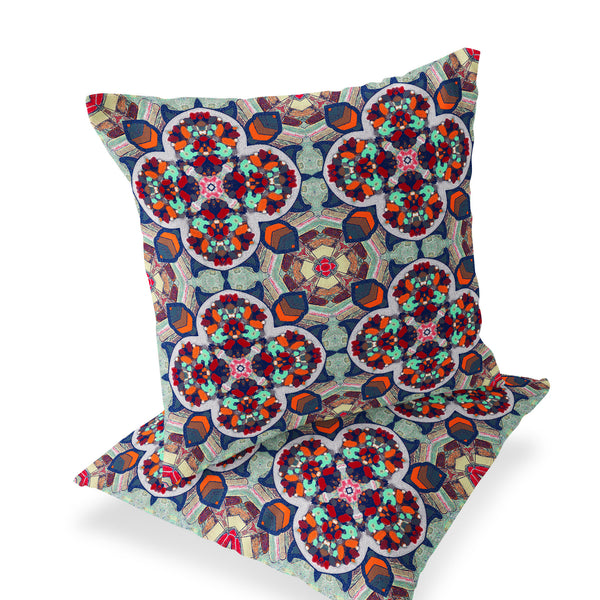 Homeroots Set Of Two 16" X 16" Blue And Orange Blown Seam Floral Indoor Outdoor Throw Pillow  Polyester 535623
