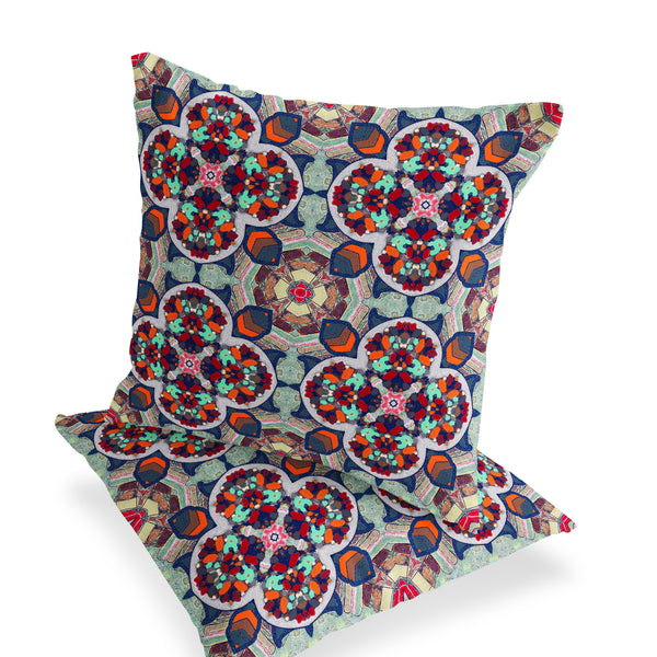 Homeroots Set Of Two 16" X 16" Blue And Orange Blown Seam Floral Indoor Outdoor Throw Pillow  Polyester 535623