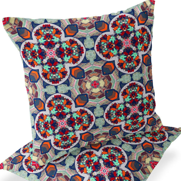 Homeroots Set Of Two 16" X 16" Blue And Orange Blown Seam Floral Indoor Outdoor Throw Pillow  Polyester 535623